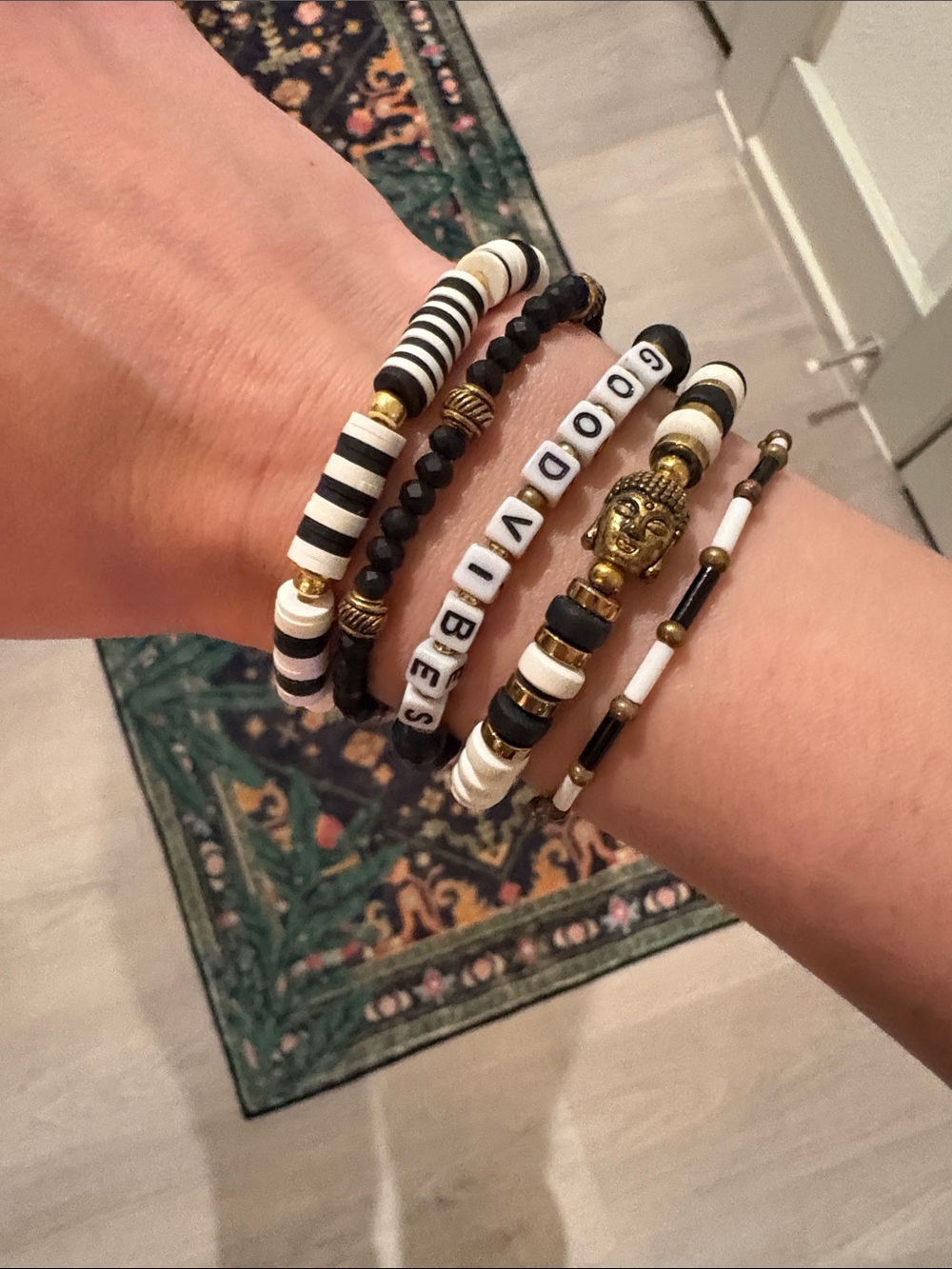 Stacked Black & White Beaded Women’s Bracelets - Good Vibes Set